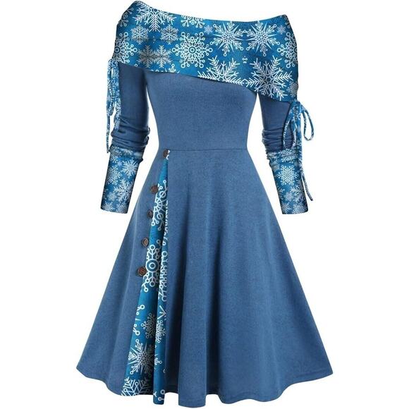 Womens Blue Long Sleeve Winter Date Night Fitted Off The Shoulder Dress L - Picture 1 of 6